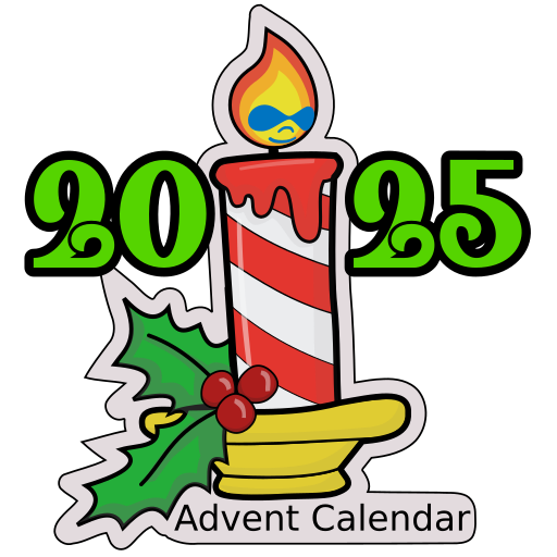 Drawing of a candle with a sprig of holly, and the Drupal Icon face as the flame, and the numbers "2025" on either side