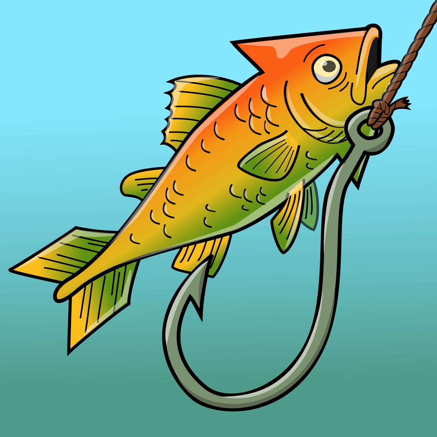 A fish shaped like an arrow and a fishing hook.