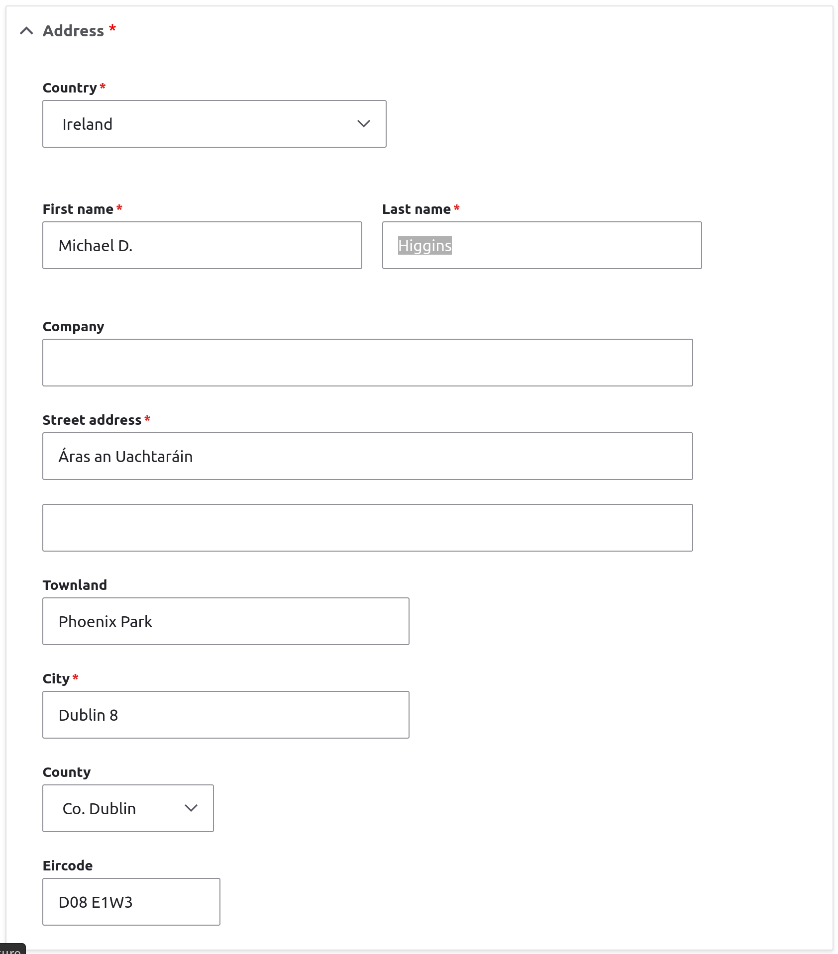 Ecample of Address field showing the Irish President's address