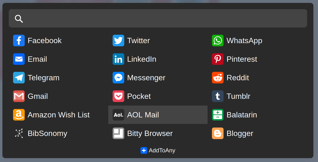 The popup showing additional sharing options
