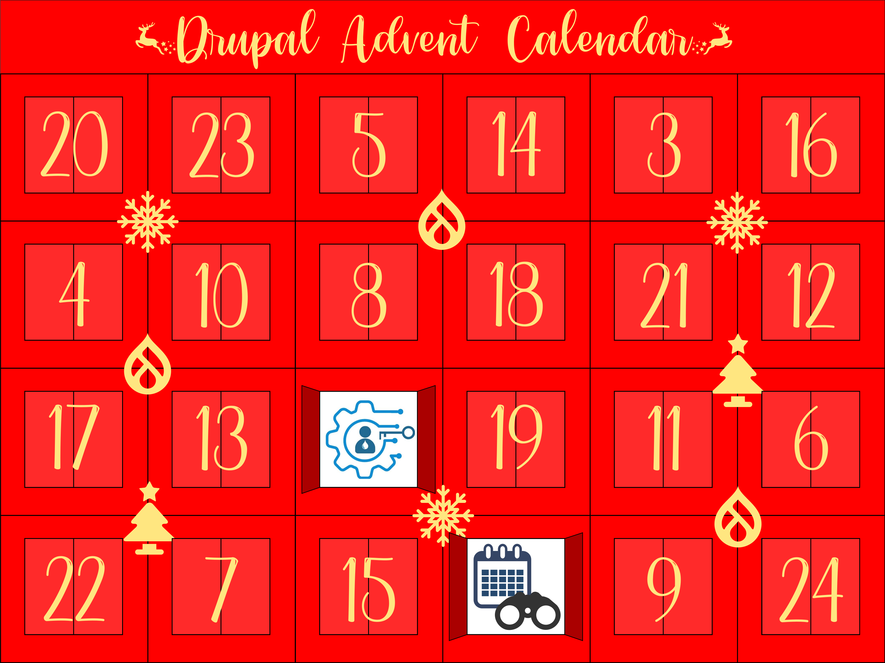 Advent calendar with doors 1 and 2 open, and Calender View icon behind door 2.