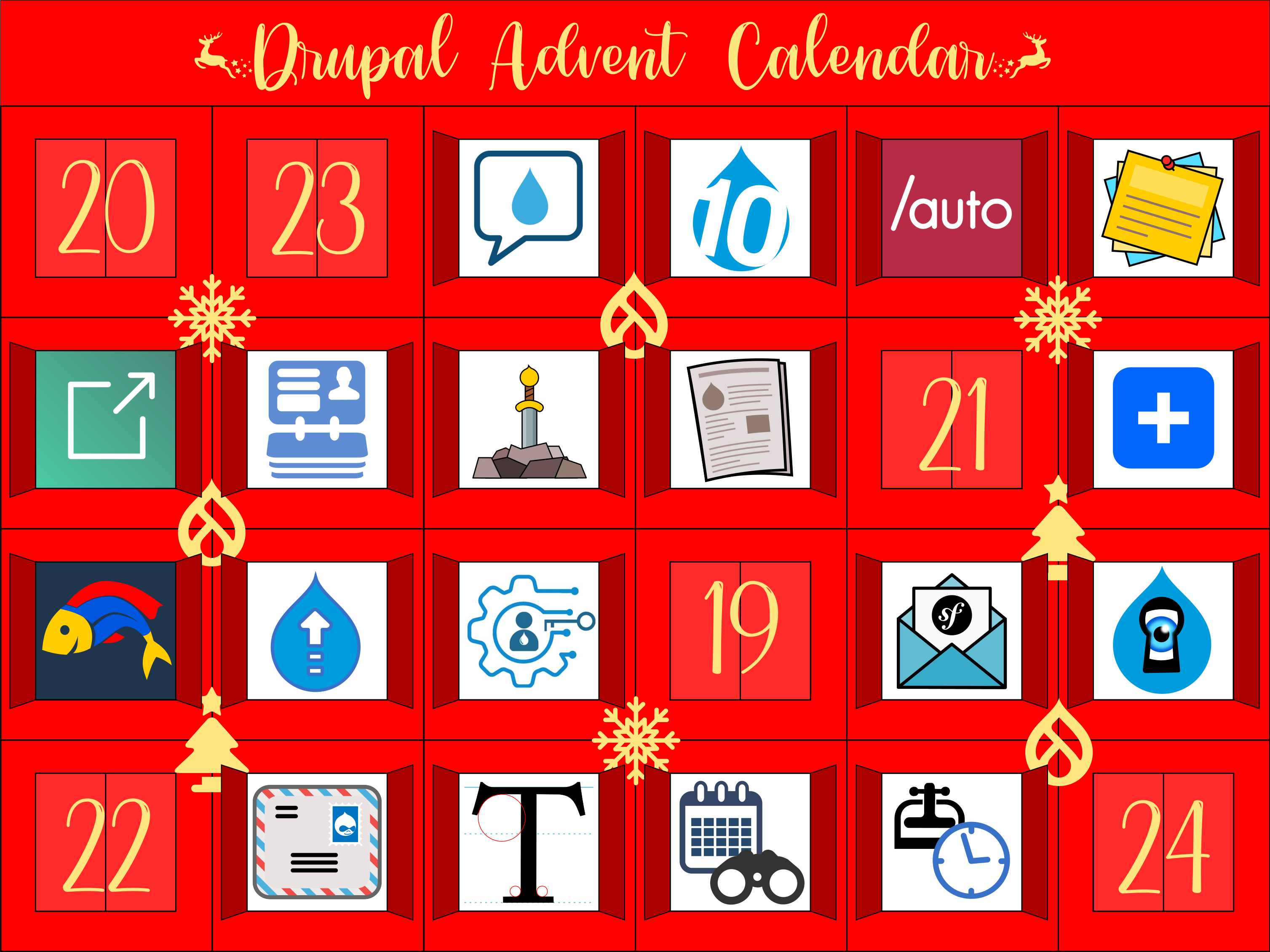 Advent Calendar with door 18 open, containing Newspaper pages representing Simplenews module