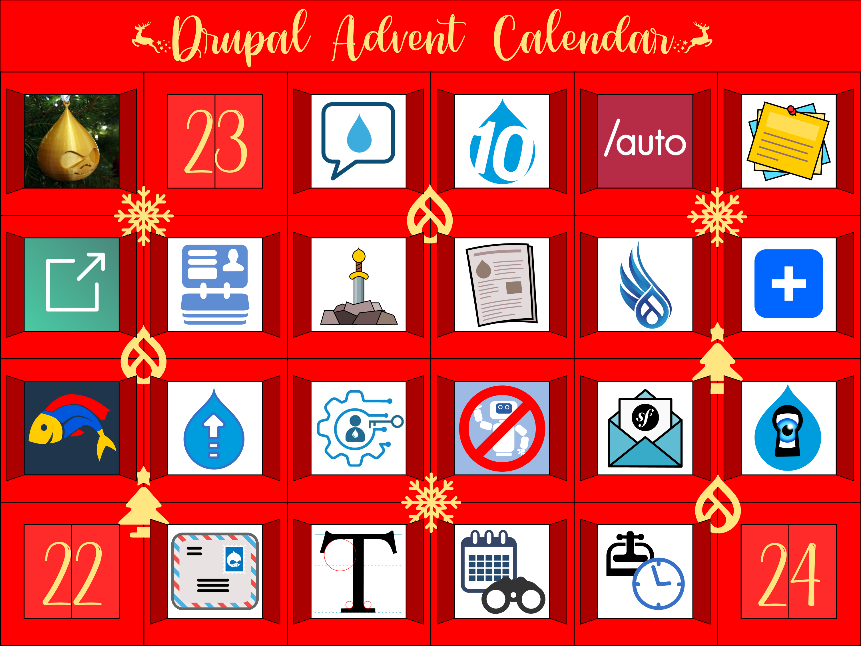 Advent Calendar with door 21 open, revealing the DrupalPod icon