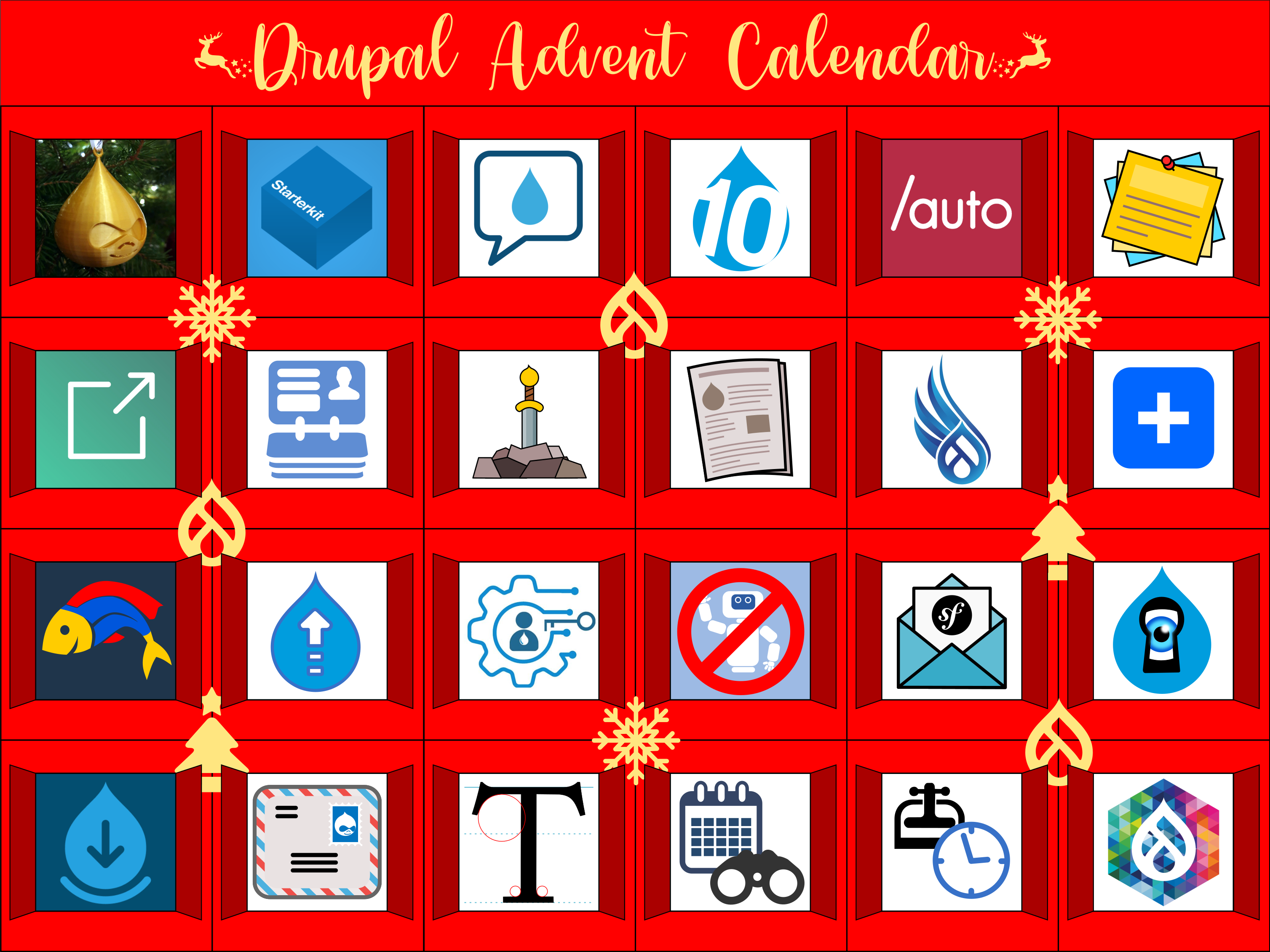 Advent Calendar with all doors open, and DrupalCon revealed in door 24