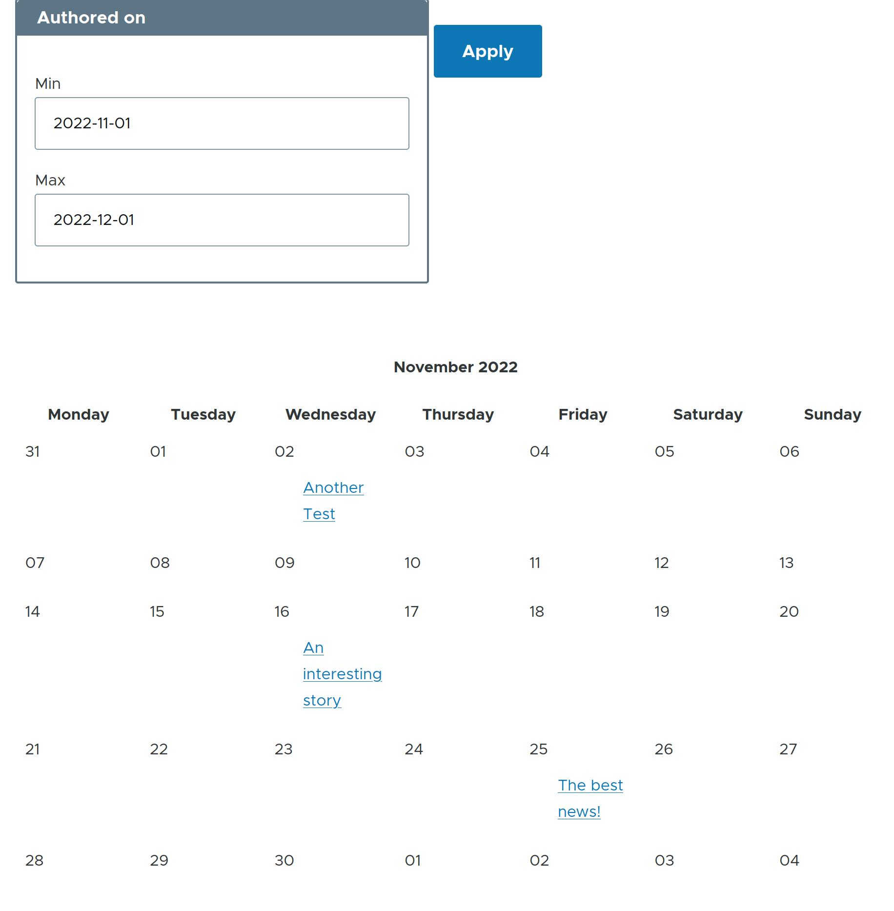 Calendar view with exposed date filter