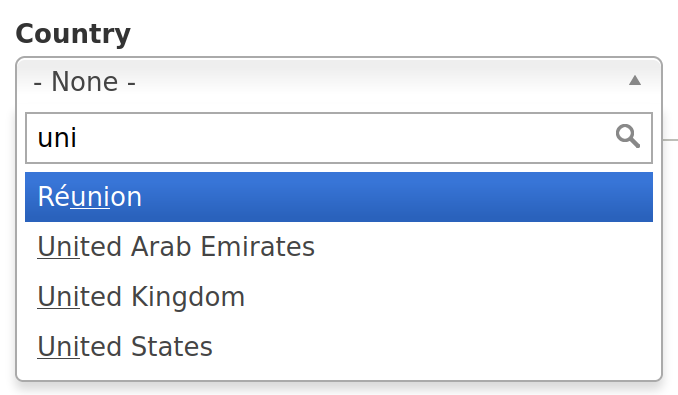 Country drop-down with 'uni' entered in search box