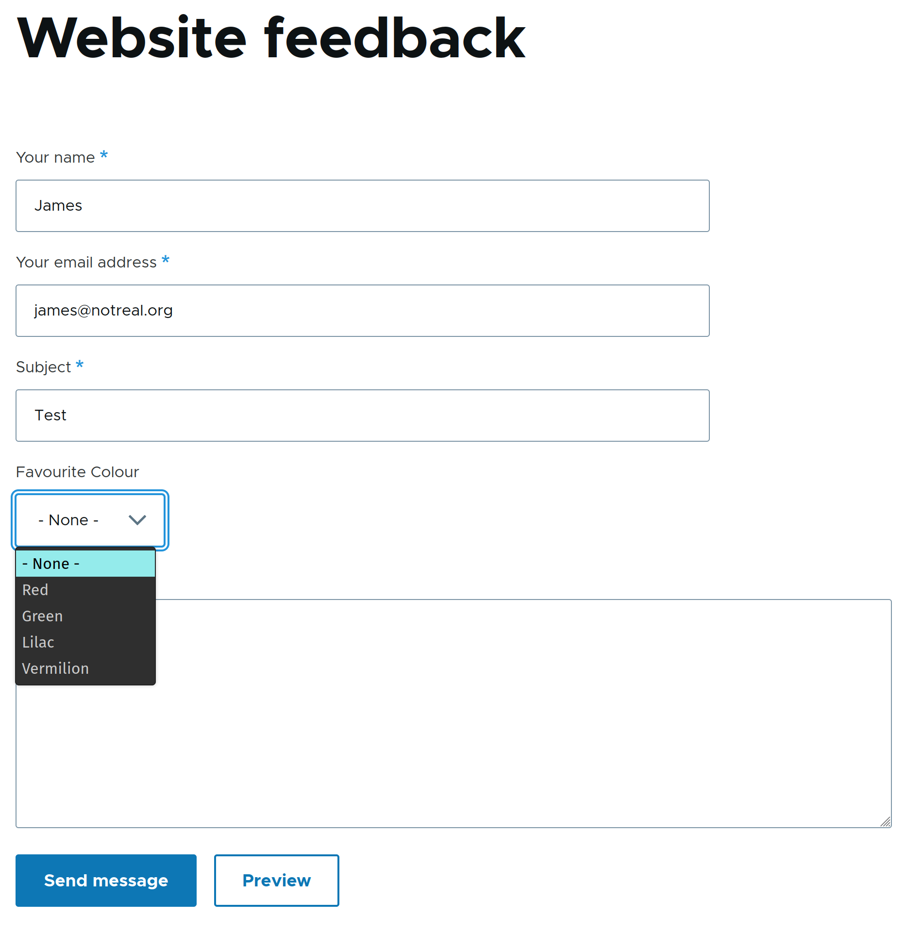 Contact form to be stored with Contact Storage, showing custom drop-down list field