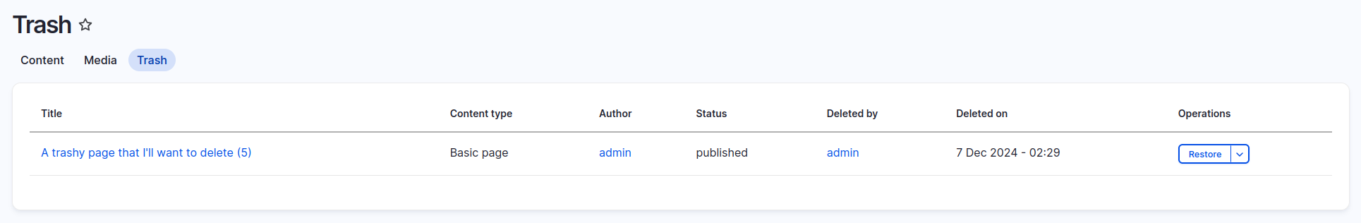Screenshot of the trash module showing a page ready to restore