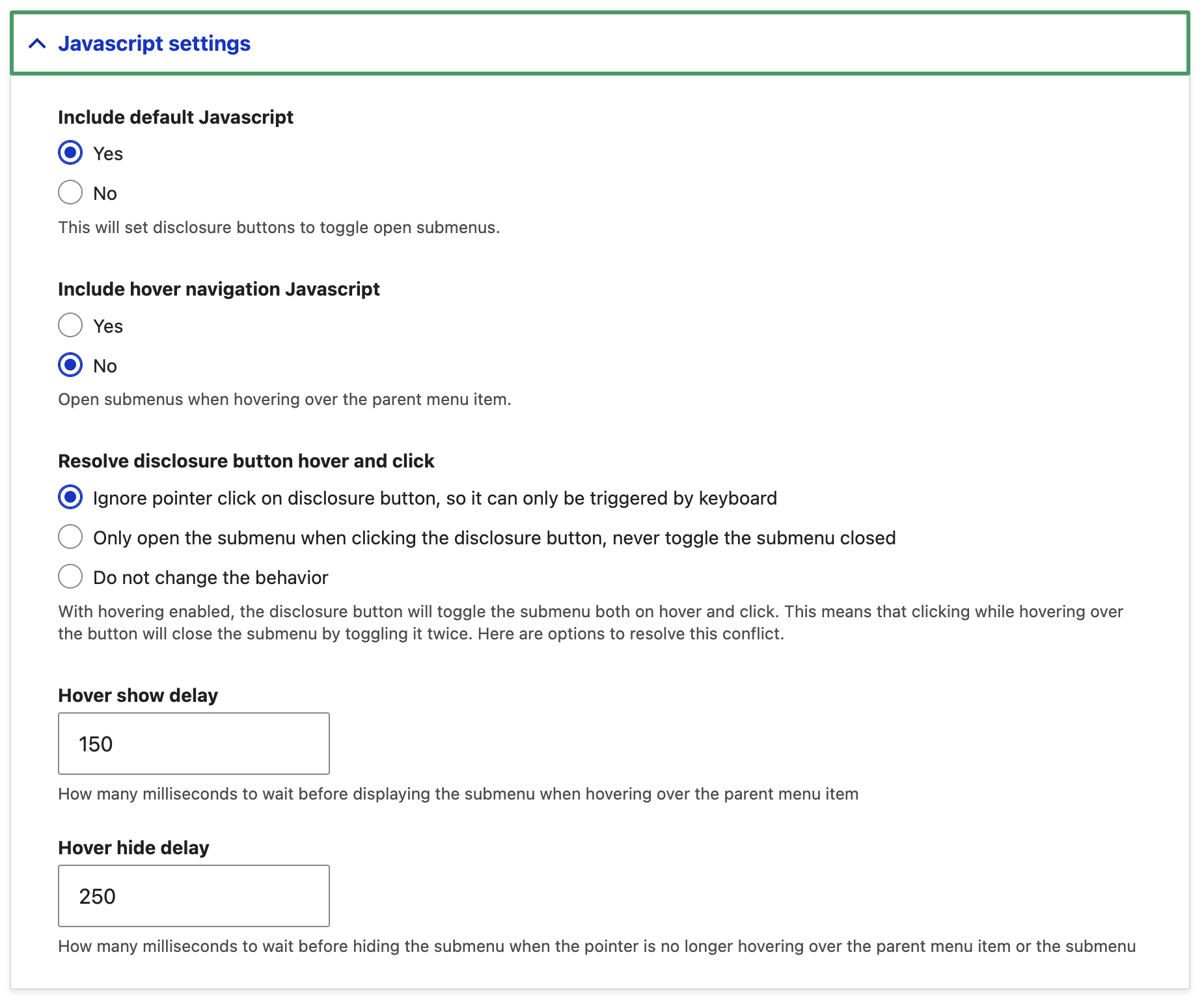 Screenshot showing Javascript settings for the disclosure menu
