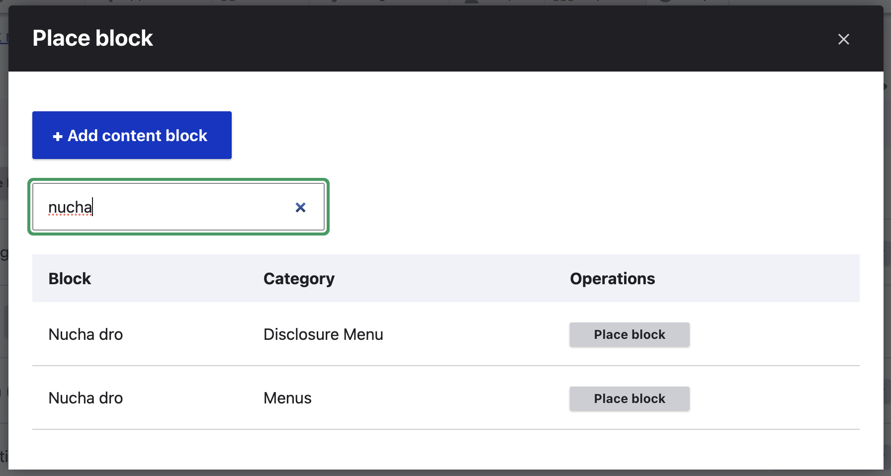 Screenshot showing the Disclosure menu block being placed.
