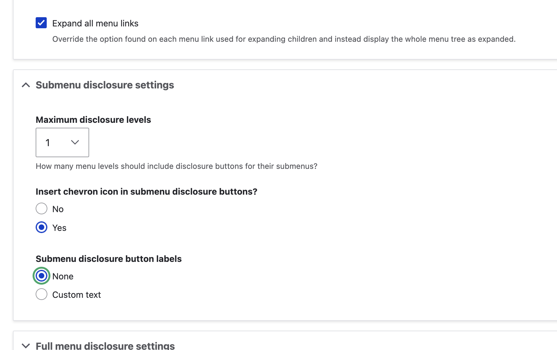 Screenshot showing the Disclosure menu settings