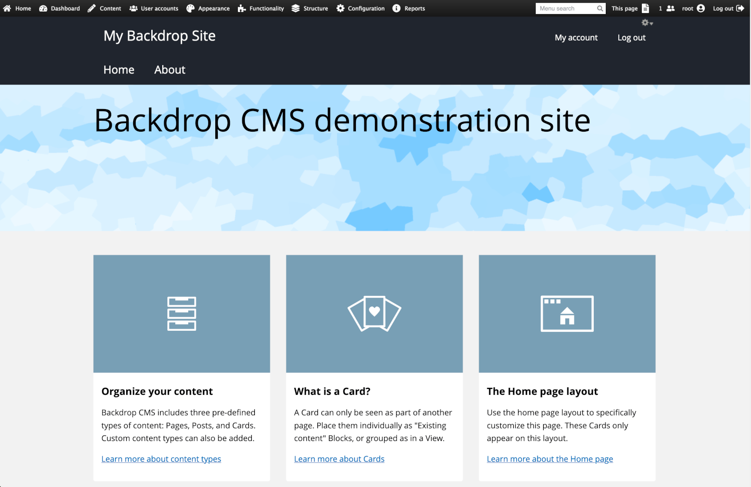 Screenshot of default installation of Backdrop CMS