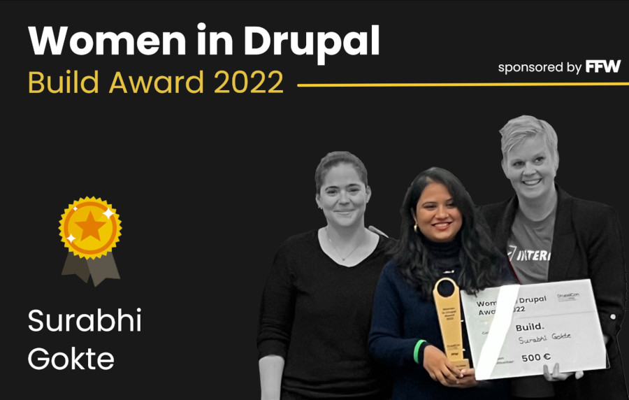 Photo of Zsofi, Surabhi and Baddy from the Women In Drupal 2022 Award ceremony edited by FFW