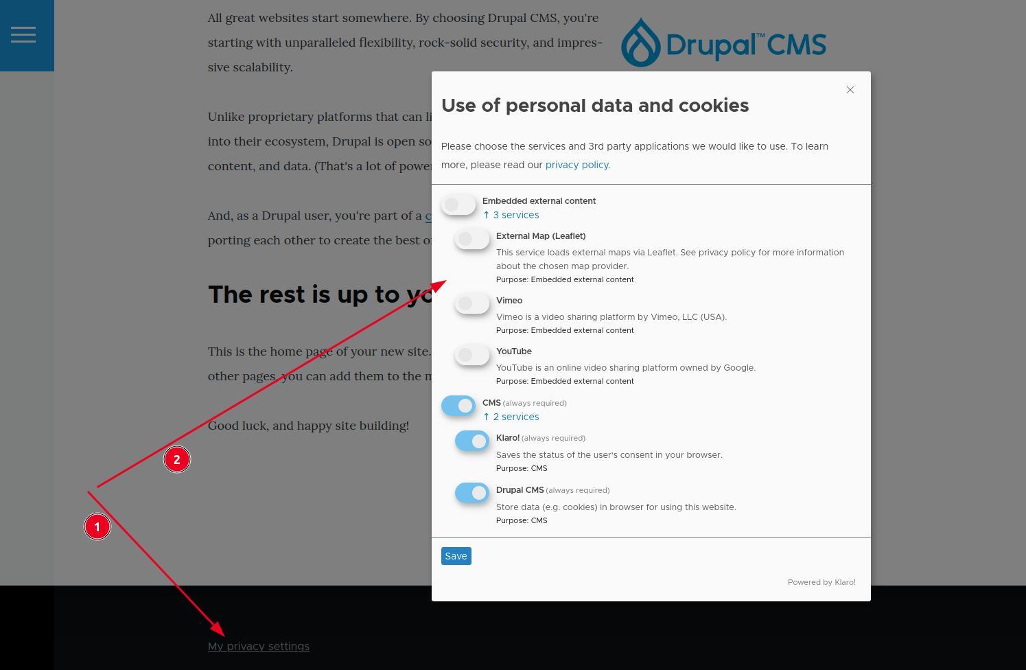 Screenshot of the privacy preferences provided by Klaro