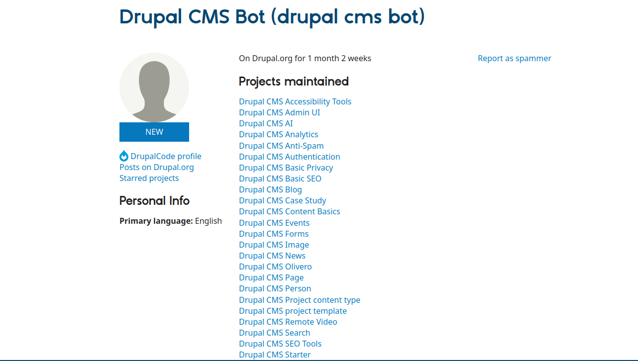 Screenshot of the Drupal CMS Bot user page