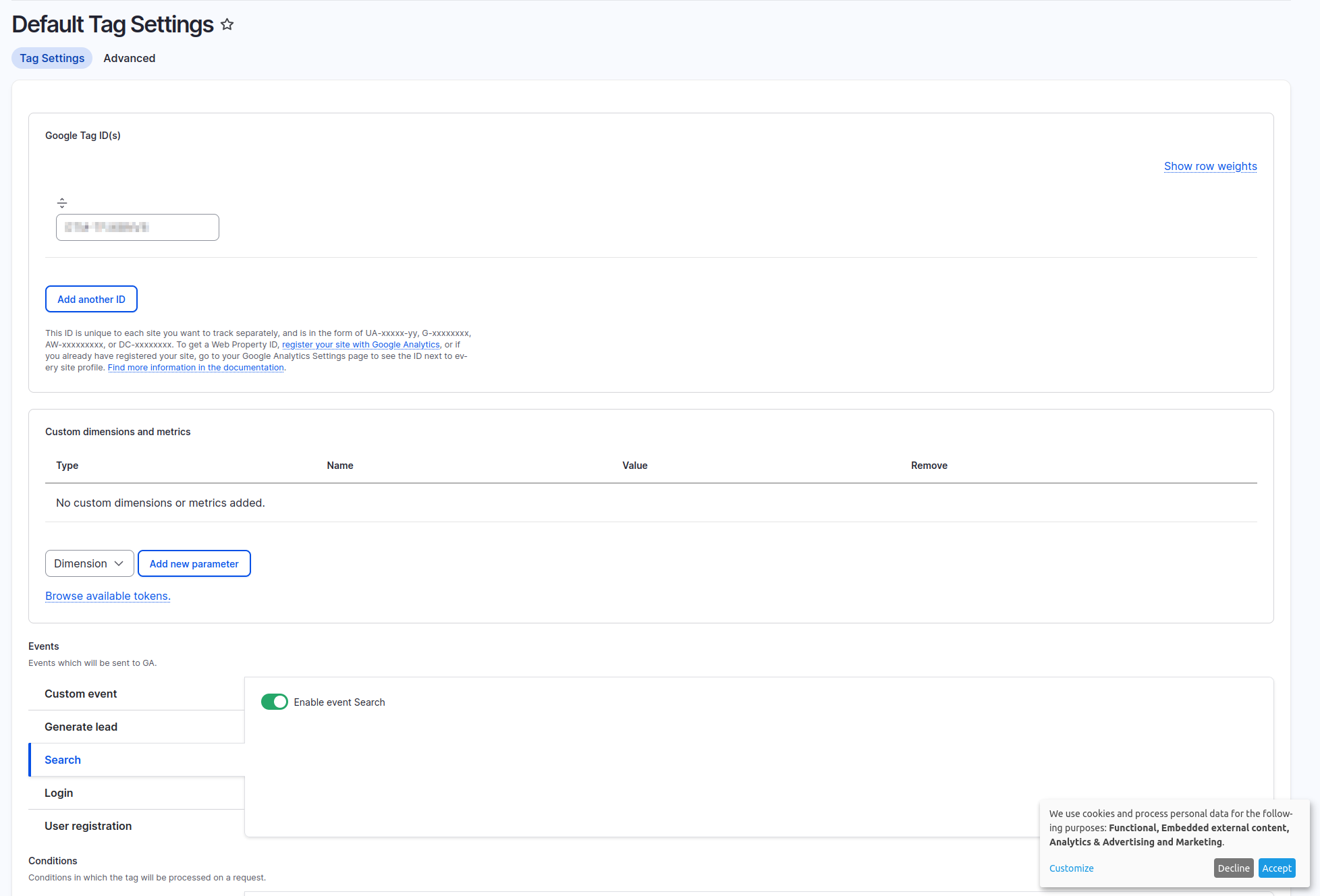 Screenshot of Tag Manager settings