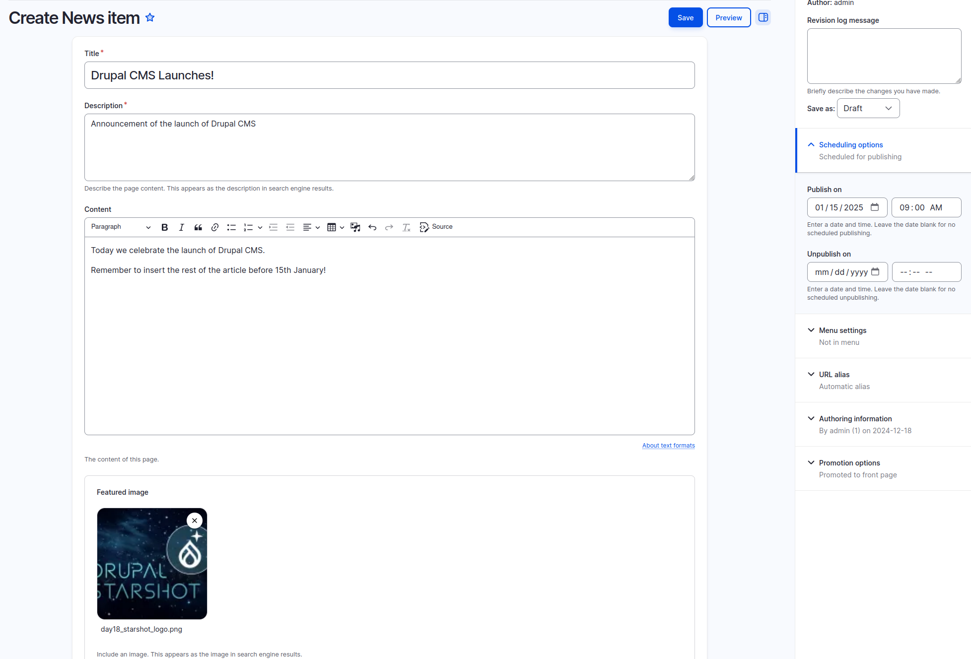 Screenshot of a create content page with publication date filled in