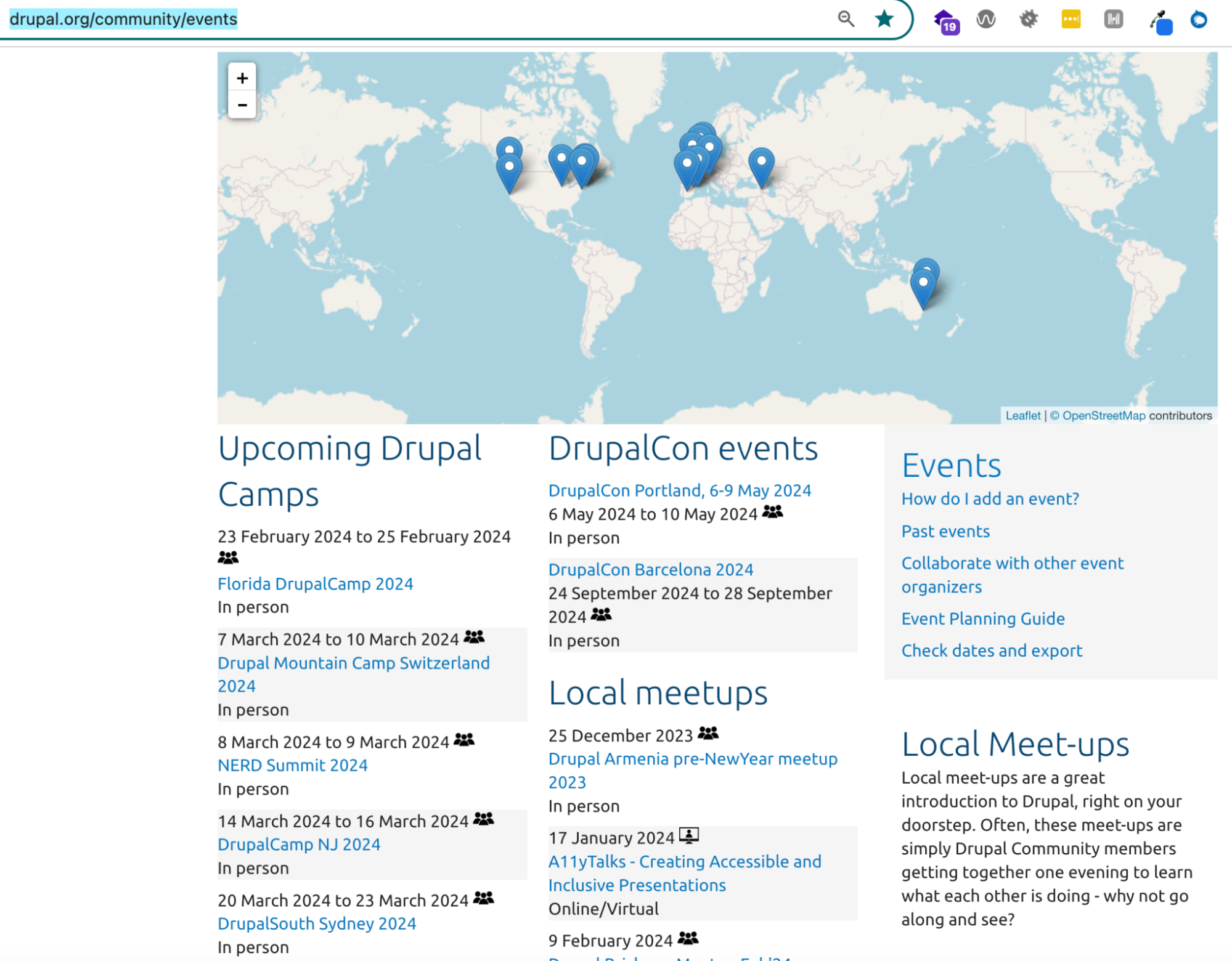 Screenshot of the Community Events page