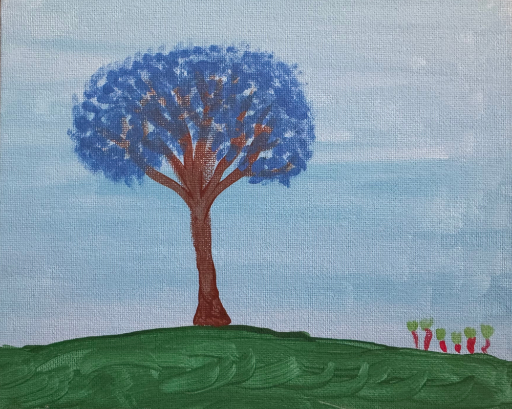 A painting of a tree with blue leaves on a green field, with a row of what appear to be carrots to the side