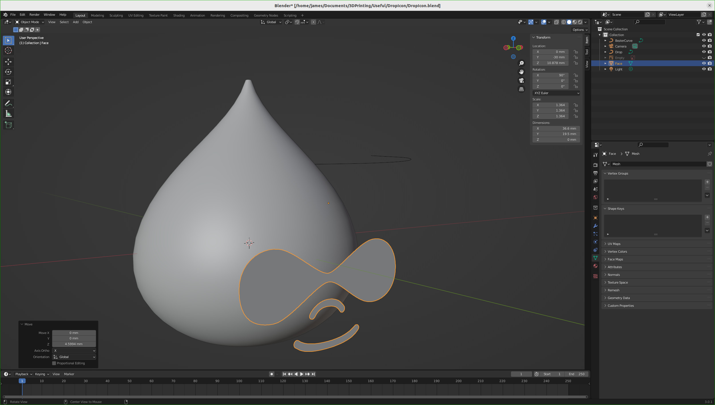Face in front of drop in Blender