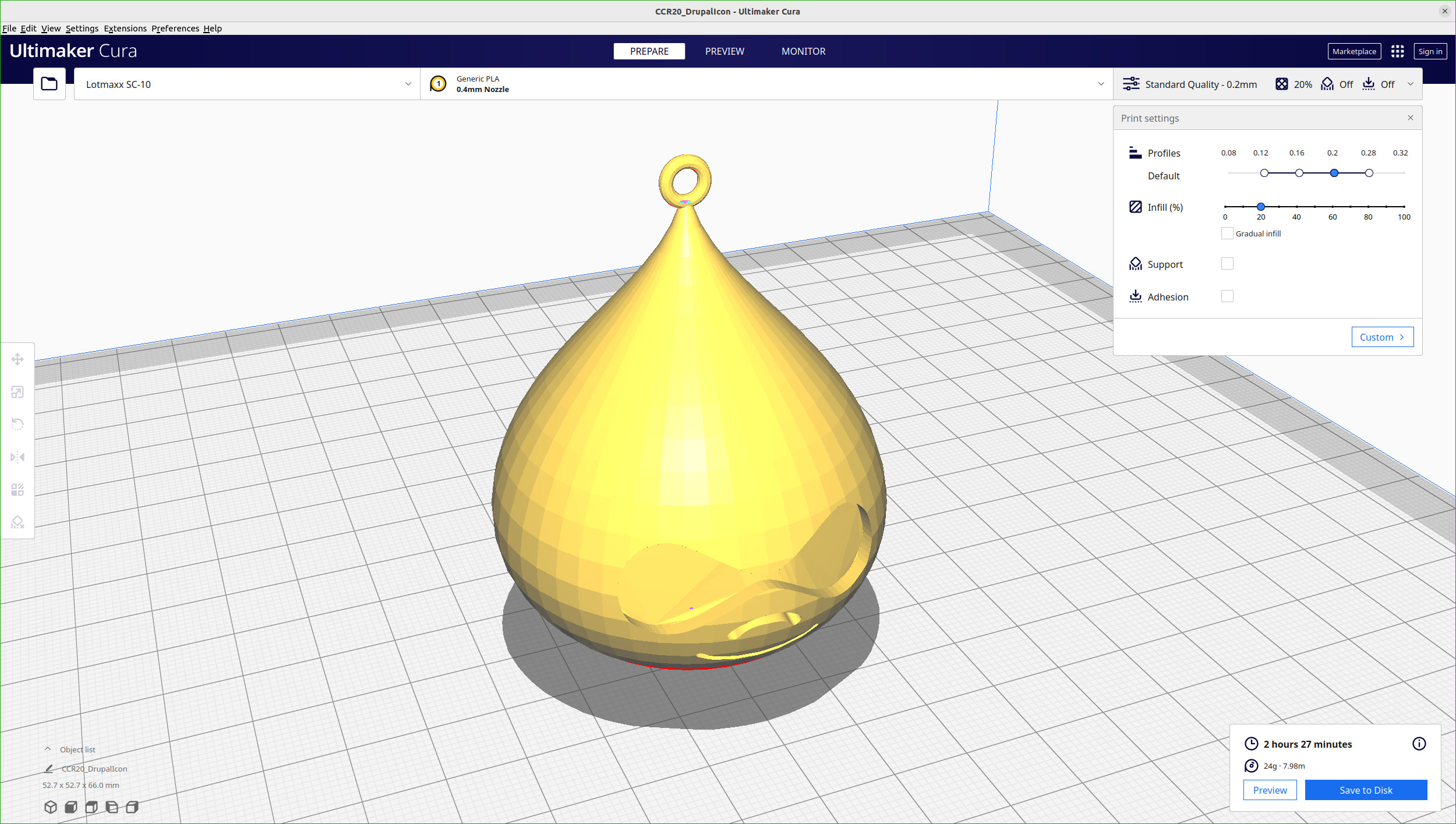 Slicing the bauble in Cura