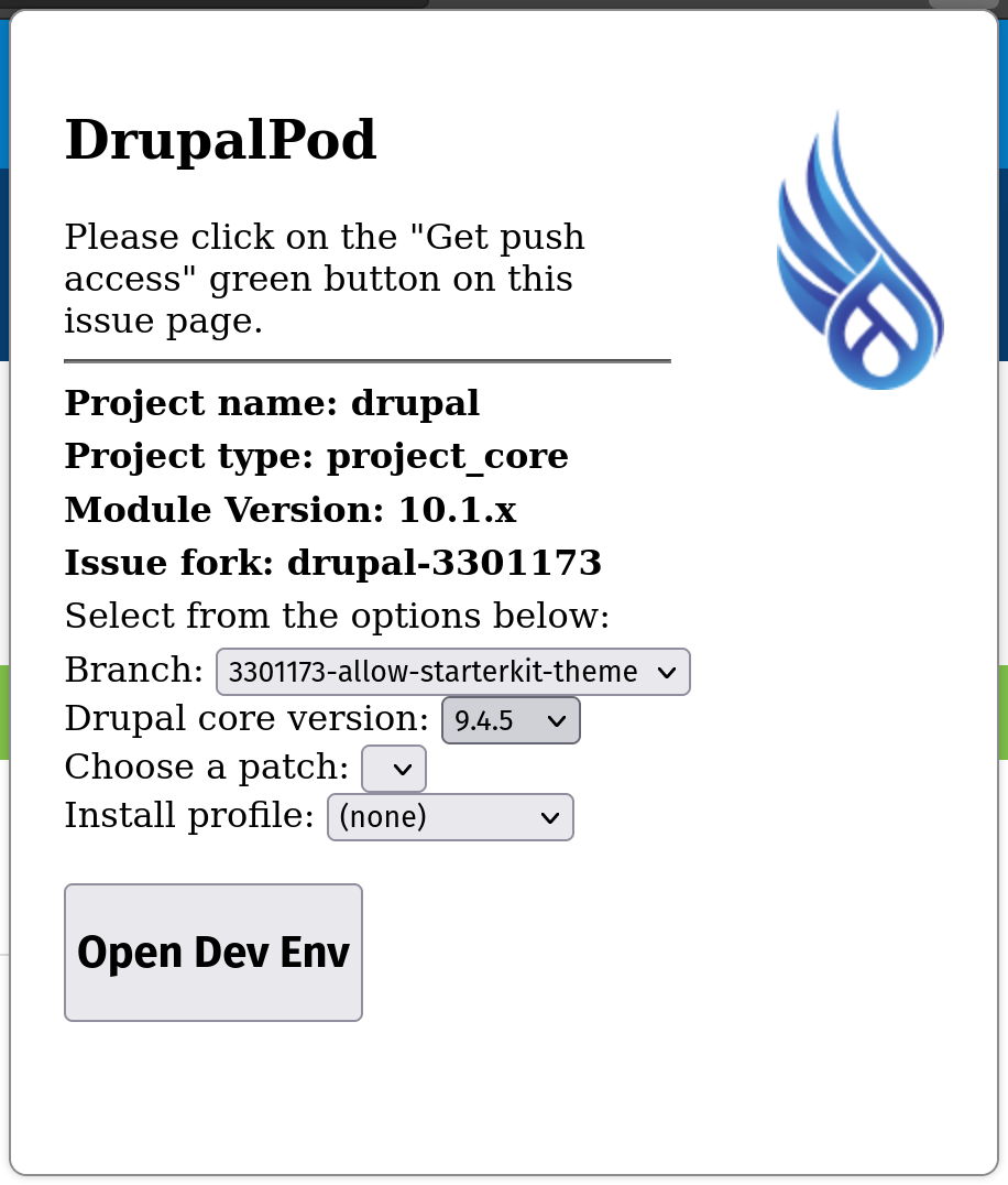 DrupalPod browser pop up