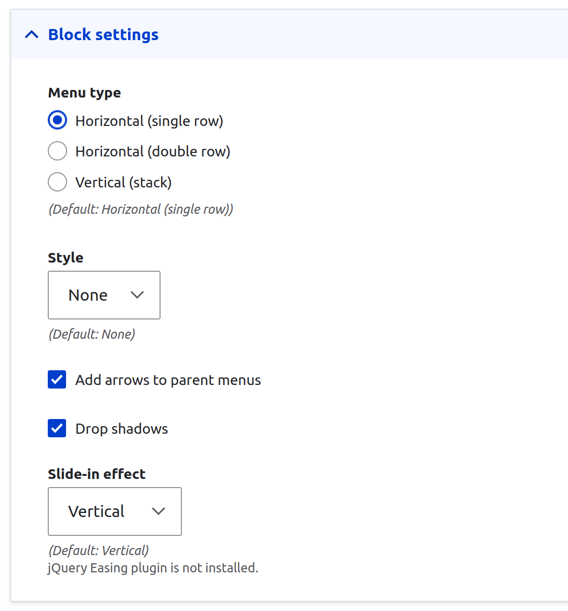 Configuring block options for the Superfish menu