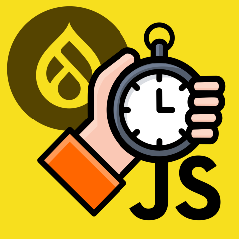 Drupal Drop logo and hand holding stopwatch over JS letters