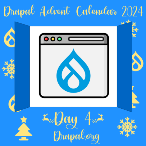 Advent calendar door opening to reveal a web browser containing the Drupal logo