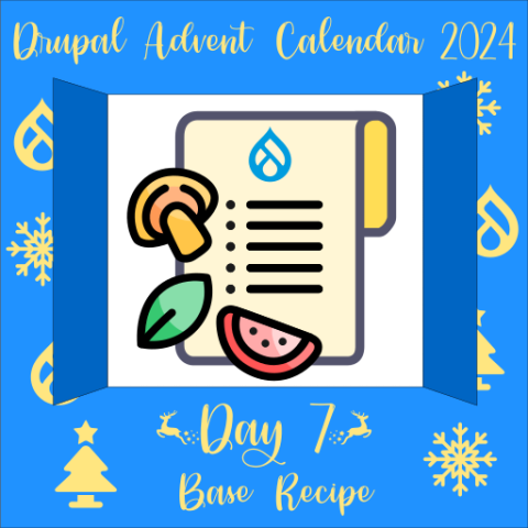 Door 7 containing a piece of paper with the Drupal logo and a list of steps, surrounded by a mushroom, a leaf, and a slice of melon