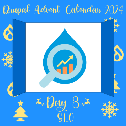 Door 8 reveals a magnifier containing a rising graph superimposed on a Drupal Icon