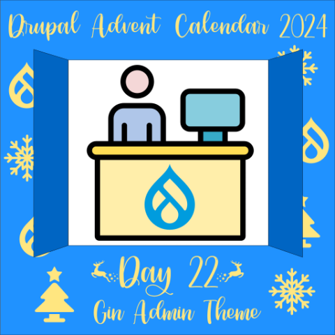 Door 22 contains an administrator behind a desk with the Drupal logo