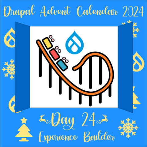 Door 24 showing people on a roller coaster with a Drupal icon in the background