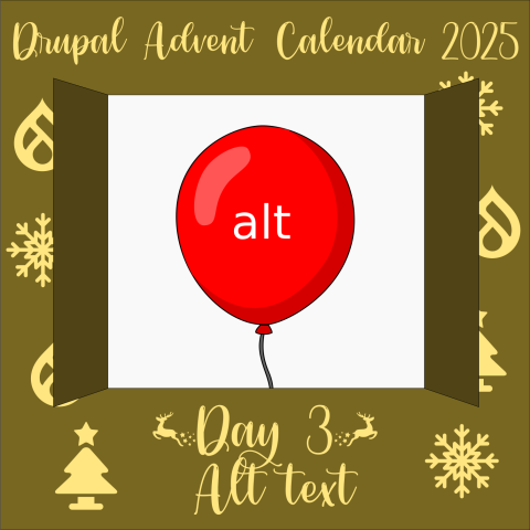 Door 3 revealing a red baloon with "alt" on the side, and the text "Alt text" below