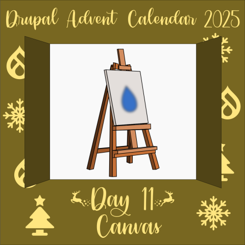 Door 11 opens to reveal an artist's canvas sitting on an easel, with a blue drupal drop painted on