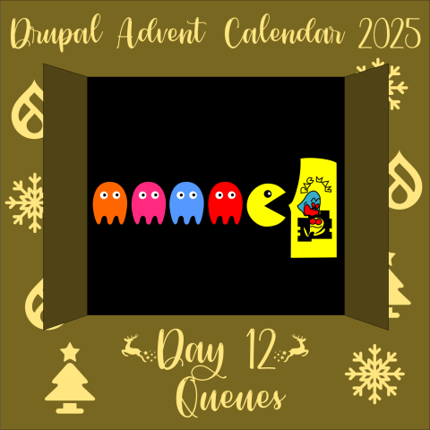 Day 12 door opens to reveal a queue of ghosts waiting behind PacMan for a turn at a PacMan arcade machine
