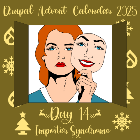 Door 14 contains a woman with an unhappy face holding a smiling mask to the side