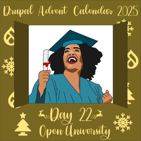 Day 22 reveals Drupal Open University, represented by a woman in blue robes and a mortar board, holding a graduation certificate. with an expression of joy on her face