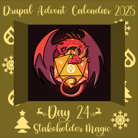 Door 24 revealing a dragon over a 20 sided die with the Drupal logo on the facing side