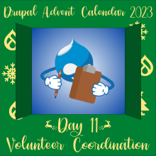 Door 9 revealing a Drupalicon holding a clipboard for volunteer coordination