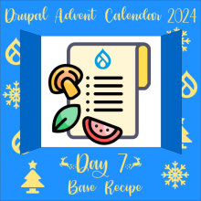 Door 7 containing a piece of paper with the Drupal logo and a list of steps, surrounded by a mushroom, a leaf, and a slice of melon