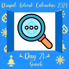 Door 21 contains a magniifying glass with a Drupal logo reflecting on the lens and an elipsis magnified