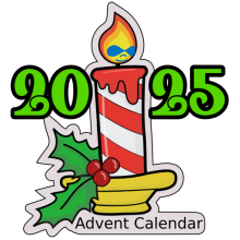 Drawing of a candle with a sprig of holly, and the Drupal Icon face as the flame, and the numbers "2025" on either side