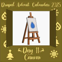 Door 11 opens to reveal an artist's canvas sitting on an easel, with a blue drupal drop painted on