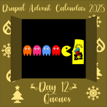 Day 12 door opens to reveal a queue of ghosts waiting behind PacMan for a turn at a PacMan arcade machine