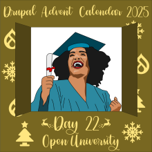 Day 22 reveals Drupal Open University, represented by a woman in blue robes and a mortar board, holding a graduation certificate. with an expression of joy on her face
