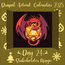 Door 24 revealing a dragon over a 20 sided die with the Drupal logo on the facing side