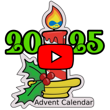 Advent calendar candle logo with the year 2025 and a red "play button" icon